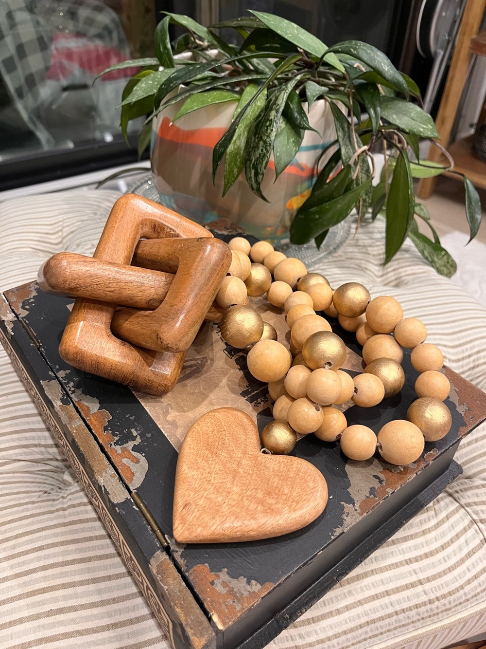 Handcrafted Wooden Heart Accent with Bead Garland & Wooden Knot